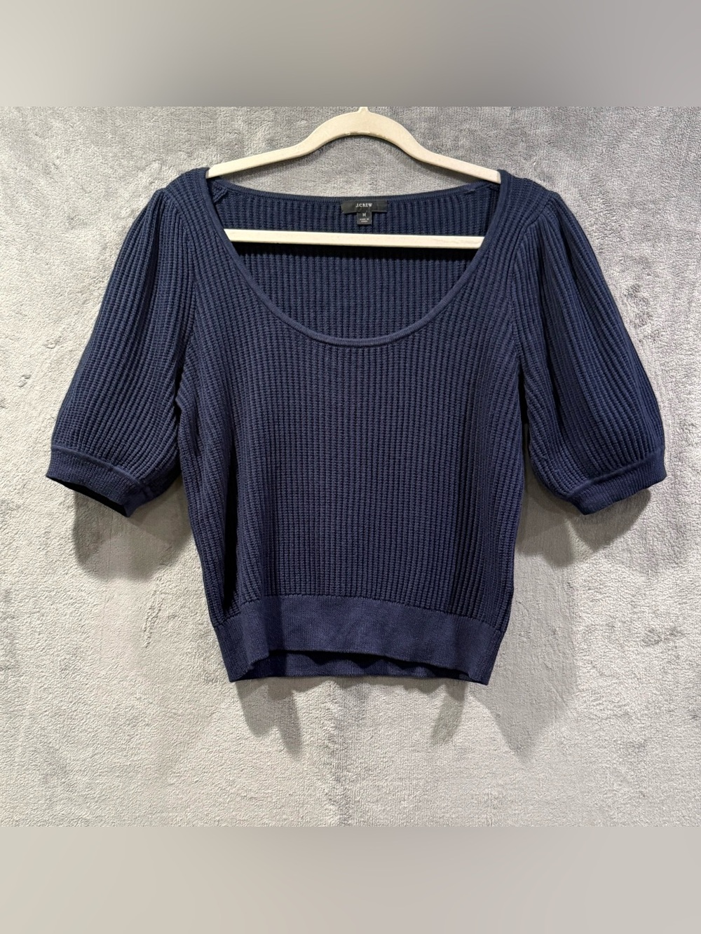 J. Crew Cashmere Blend Ribbed Scoop Neck Puff Sleeve Navy Sweater Top Size M
